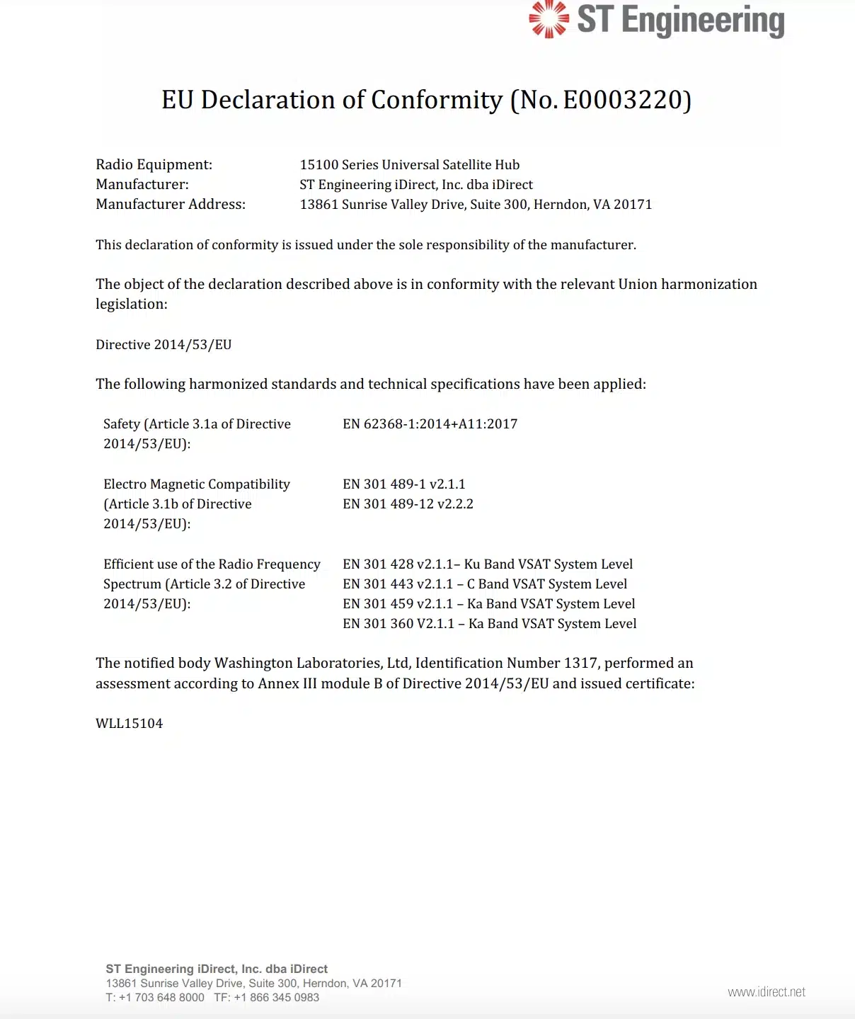 Series 15100 Universal Satellite Hub 15152 E0001219 Declaration of Conformity Download EU