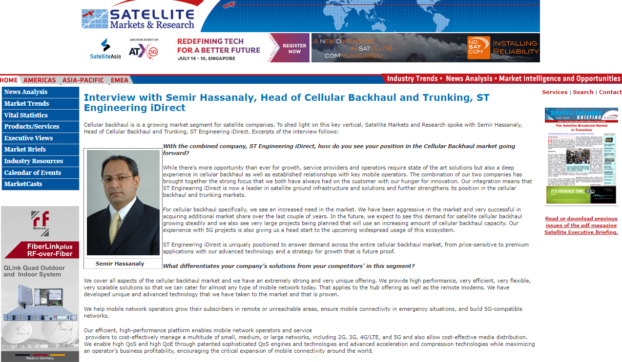 Interview with Semir Hassanaly, Head of Cellular Backhaul and Trunking, ST Engineering iDirect