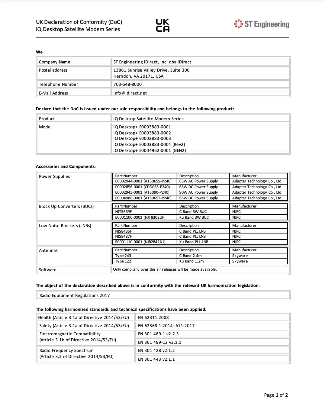 Series iQ Desktop Satellite Modem UK Declaration of Conformity