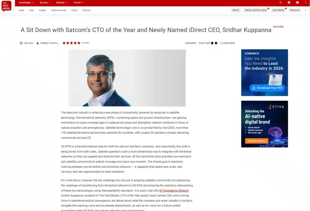A Sit Down with Satcom’s CTO of the Year and Newly Named iDirect CEO, Sridhar Kuppanna
